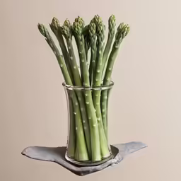 a vase holding asparagus on a white table