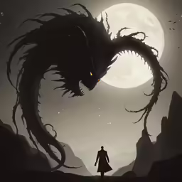 a creepy looking dragon in front of a moon