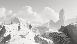 a man stands on a snowy mountain looking across at a cliff