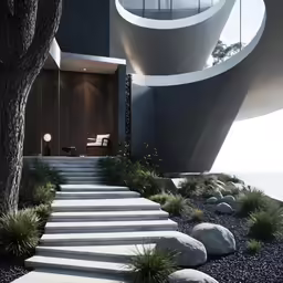 modern architecture with tree and steps leading to building