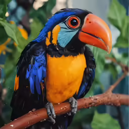 a close up of a bird on a branch with leaves