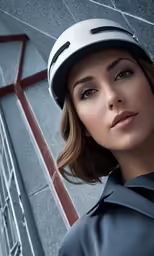 a beautiful young woman standing in front of a building wearing a black shirt and silver helmet