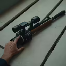 a person holding a camera near a fish rod