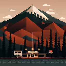 a mountain and forest scene with a gas station