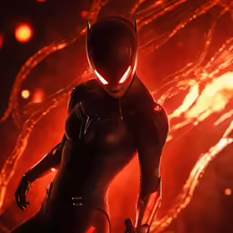 a futuristic man standing next to a red wall