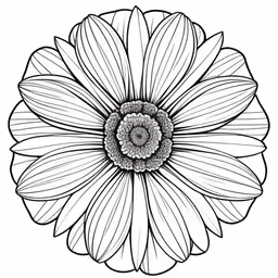 the center of a flower is outlined in black and white,a flower that is shown in a circle,a drawing of a large flower on a white background,a large flower drawn by hand,a black and white flower with a drawing effect on it