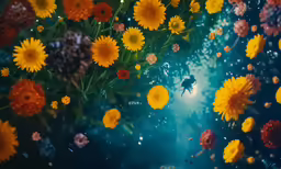 a bunch of yellow and orange flowers floating in the air