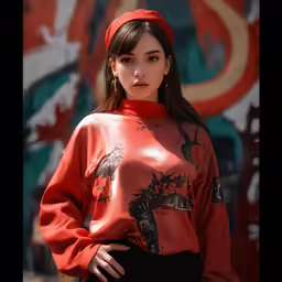 the woman is wearing a red top and black skirt