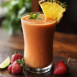 a cup of fruit sits on a table next to some strawberries