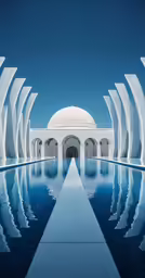 the blue pool is surrounded by large, curved pillars