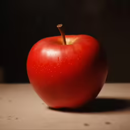 an apple sitting on a table with a small amount of light coming in from the top