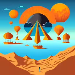 an illustration of some mountains with trees and clouds above,a painting of the shape of a kite