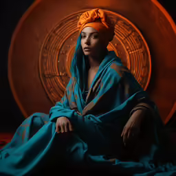 the woman sitting on the floor is wearing a blue outfit and gold scarf