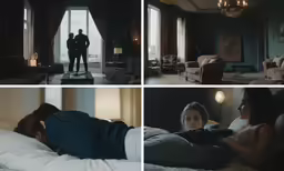 a woman in bed talking on the phone while another person lays down