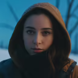 a young woman is standing in the snow with a hood on