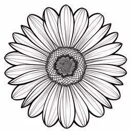 a drawing of a flower with lots of petals,an abstract drawing of a white flower with the center cut out,a flower with the petals facing upwards,an illustration of a flower that looks like it is drawn,a flower on white background with black and white lines