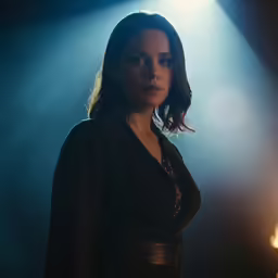 a female in a dark room staring at something