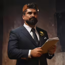 a man wearing a suit and a paper headband holds a piece of paper