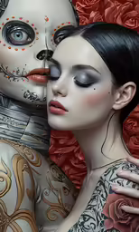 an artistic woman with black hair and body art