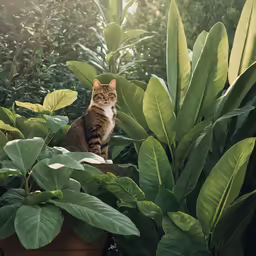 a tiger cat sitting in the middle of a pot full of green plants