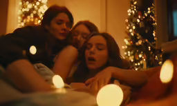 three women lying on bed covered in christmas lights