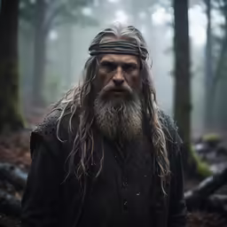 a man with long blonde hair and beard in the woods