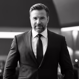 a man with beard and a suit smiling at the camera