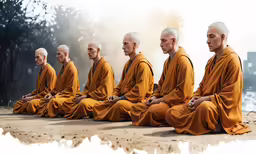 a group of buddhist men sitting on top of a field