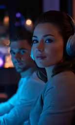two people sitting at a table wearing headphones