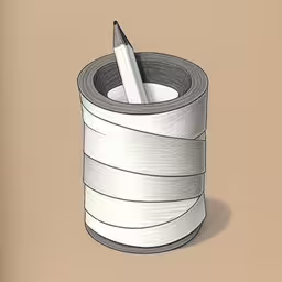 this is a drawing of a pencil stuck inside a roll of tape,a pencil drawing of a roll of paper with an edge missing