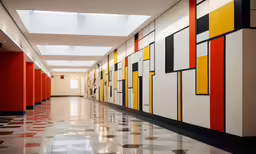 a hallway that has many different colored wall panels