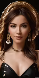 a woman with a black top and jewelry posing for a picture