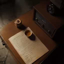 coffee, book and radio setting on a wooden table