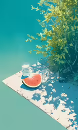 a slice of watermelon and a plastic cup sit on the edge of a swimming pool