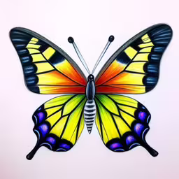 a butterfly drawing that is on a wall,the colorful butterfly has yellow, black, and blue wings,a butterfly with blue and yellow wings and large black and yellow striped wings,a drawing of a yellow butterfly with orange wings,colorful butterfly drawing on white paper