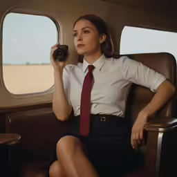 a young woman in a dress shirt and tie, wearing a black skirt, sits in an airplane with a camera, looking out of a window