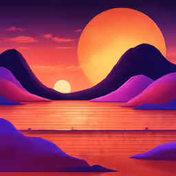the computer artwork shows an orange sunset over a body of water with mountains in the background,a digital painting of an ocean view, with the sun setting