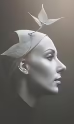 a close up of a woman wearing a hat with a leaf on it