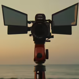 a camera on top of a tripod overlooking the beach
