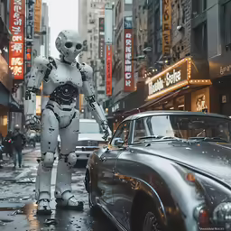 a person in a robot costume is on the street