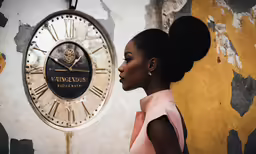 woman standing against wall with clock and coat of arms
