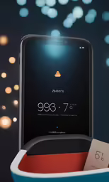 a smartphone with a lit display and a gift tag is seen