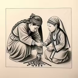 a drawing of a young lady teaching an old woman how to paint,a drawing of two girls in native indian dress