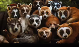 the group of stuffed animals are standing in a pile