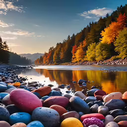 the river in the woods is next to a beautiful fall scene