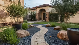 a driveway leads up to a house surrounded by rocks