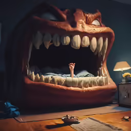 a monster like head is shown inside of a bedroom