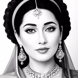 a black and white photograph of a woman wearing jewelry