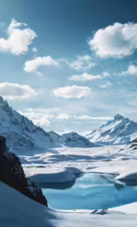 snow capped mountains in the distance are covered with blue skies