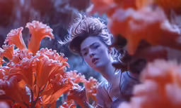 a woman is staring at orange flowers in the sunlight